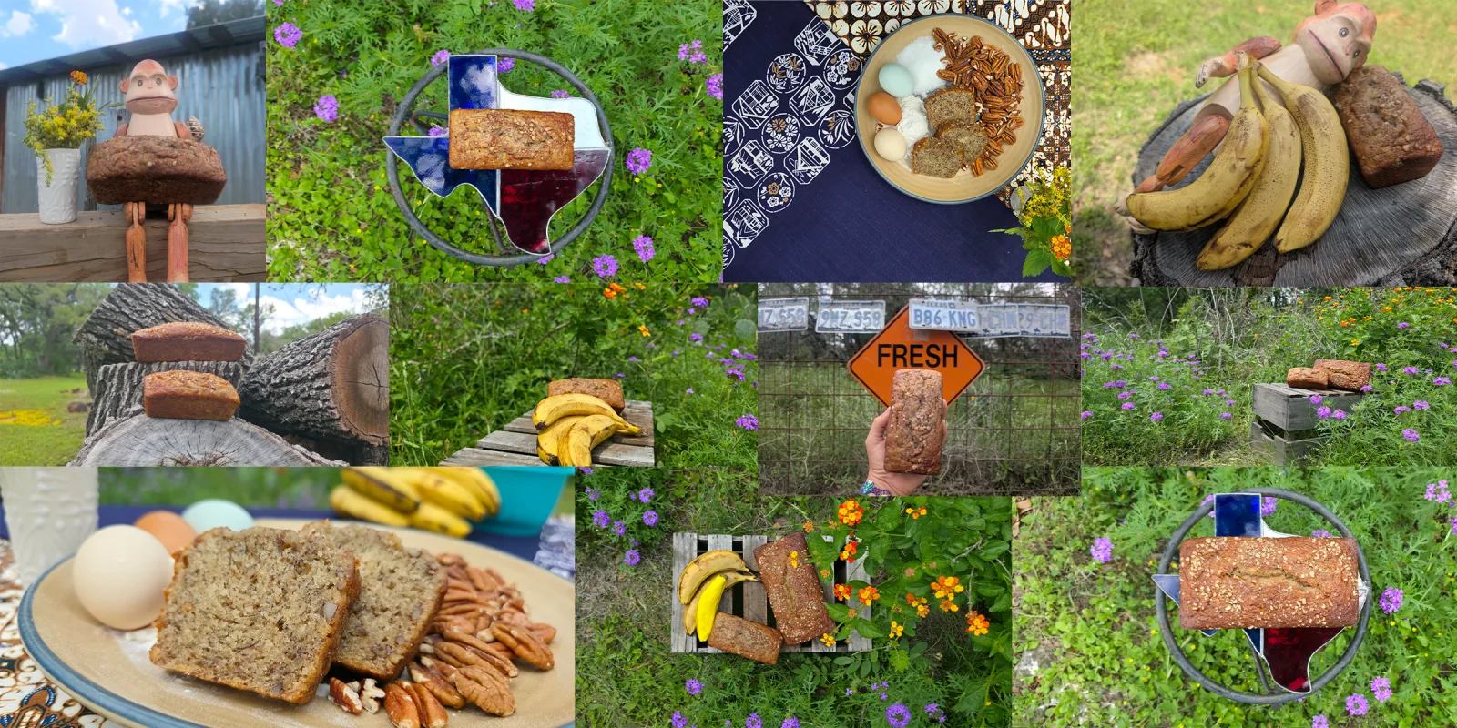 A collage of freshly baked Loaf Support breads in the garden